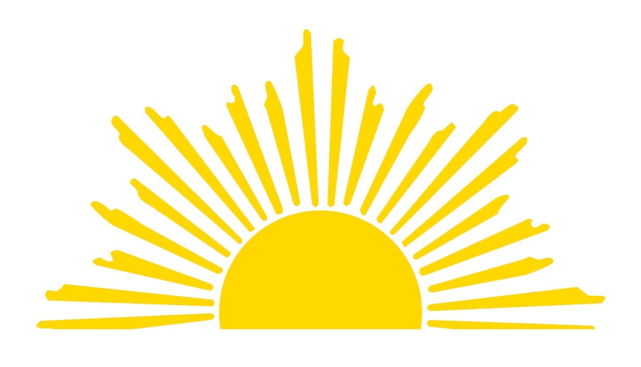 A yellow sun logo on a green background.