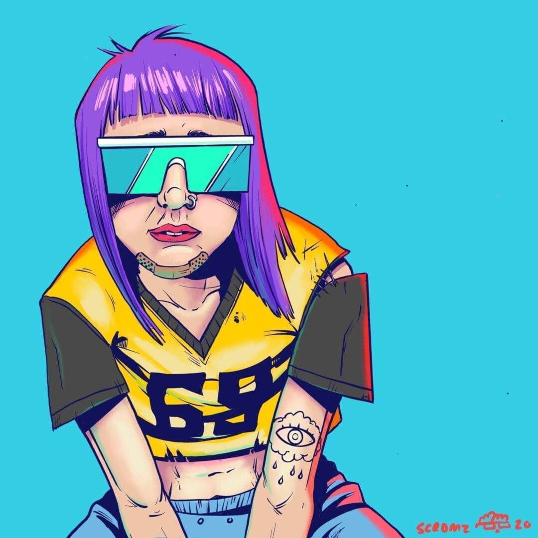 A girl with purple hair and sunglasses sitting on a blue background.