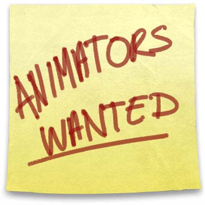 Animators wanted on a yellow post it note.