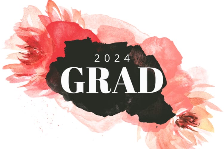 Design featuring "2024 GRAD" text in bold on a black splash backdrop, surrounded by pink watercolor flowers.