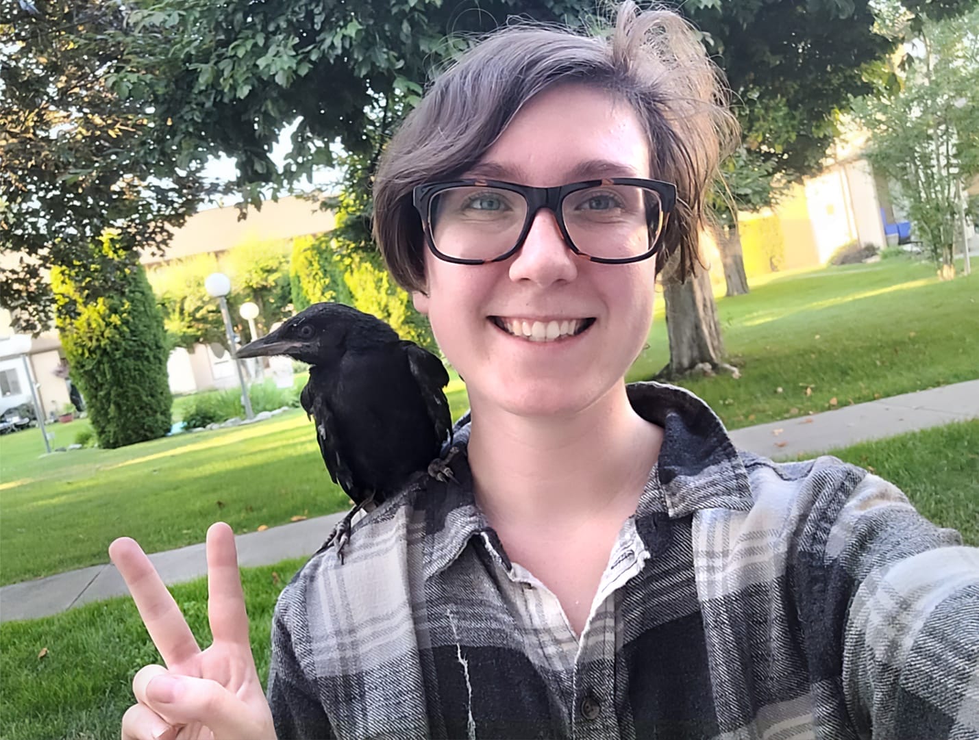 Person with short hair and glasses smiling, wearing a flannel shirt, taking a selfie outside with a black bird perched on their shoulder, and holding up a peace sign.