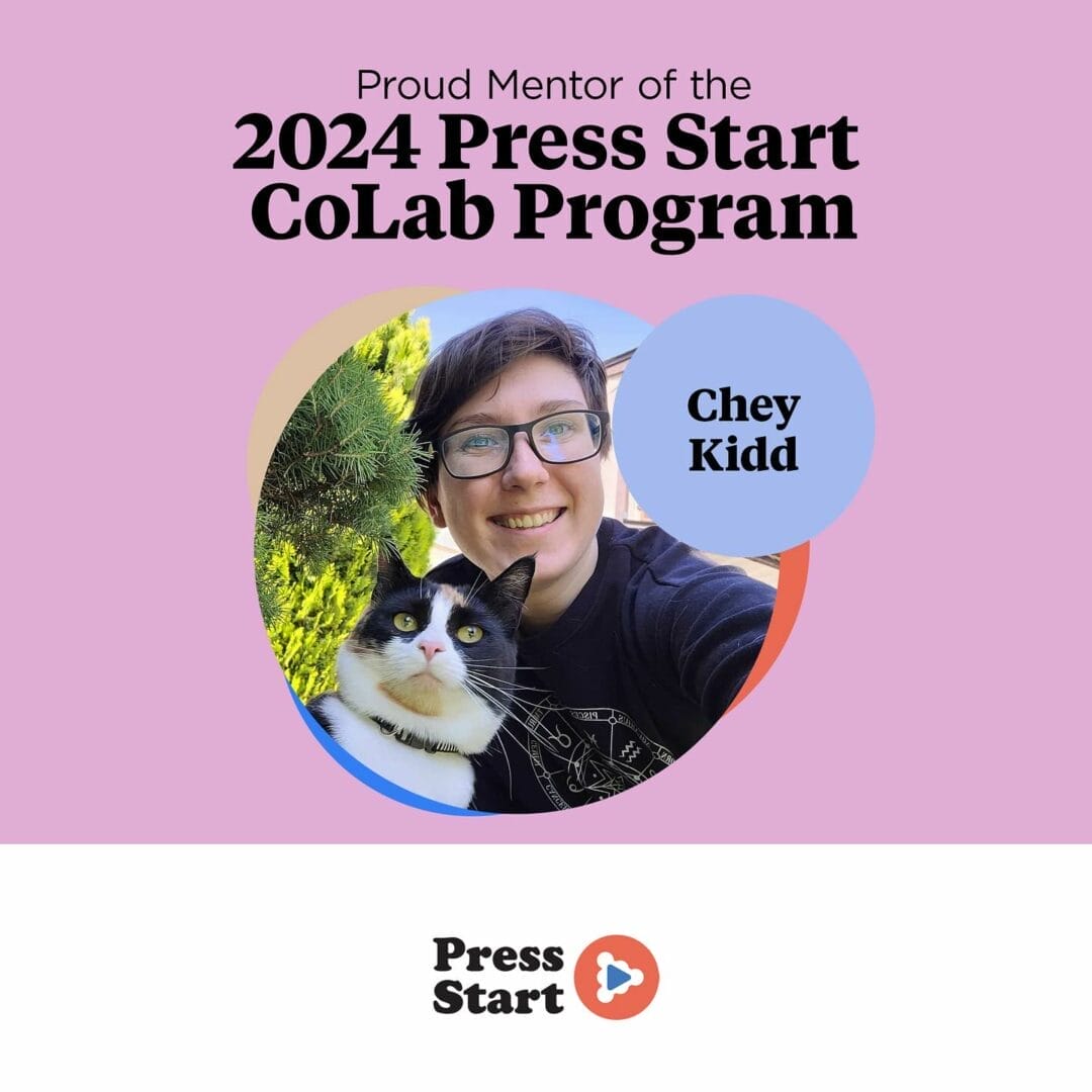 Centre grad, Chey Kidd smiling with a cute cat in a social post promoting CoLab’s Press Start Program.  