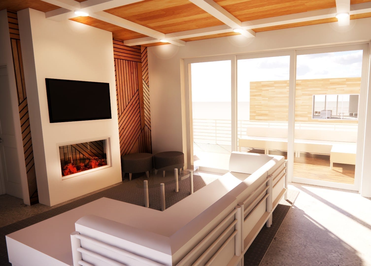 A 3d rendering of a living room with a fireplace.