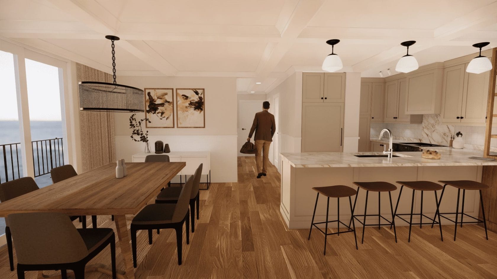 A rendering of a kitchen with a view of the ocean.