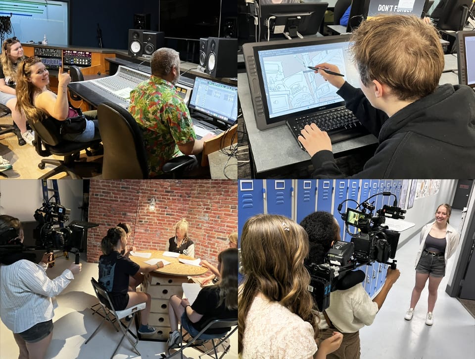 A collage of four images features students working at a recording studio, an individual drawing on a tablet, a group filming a scene indoors, and a person being filmed in a hallway.