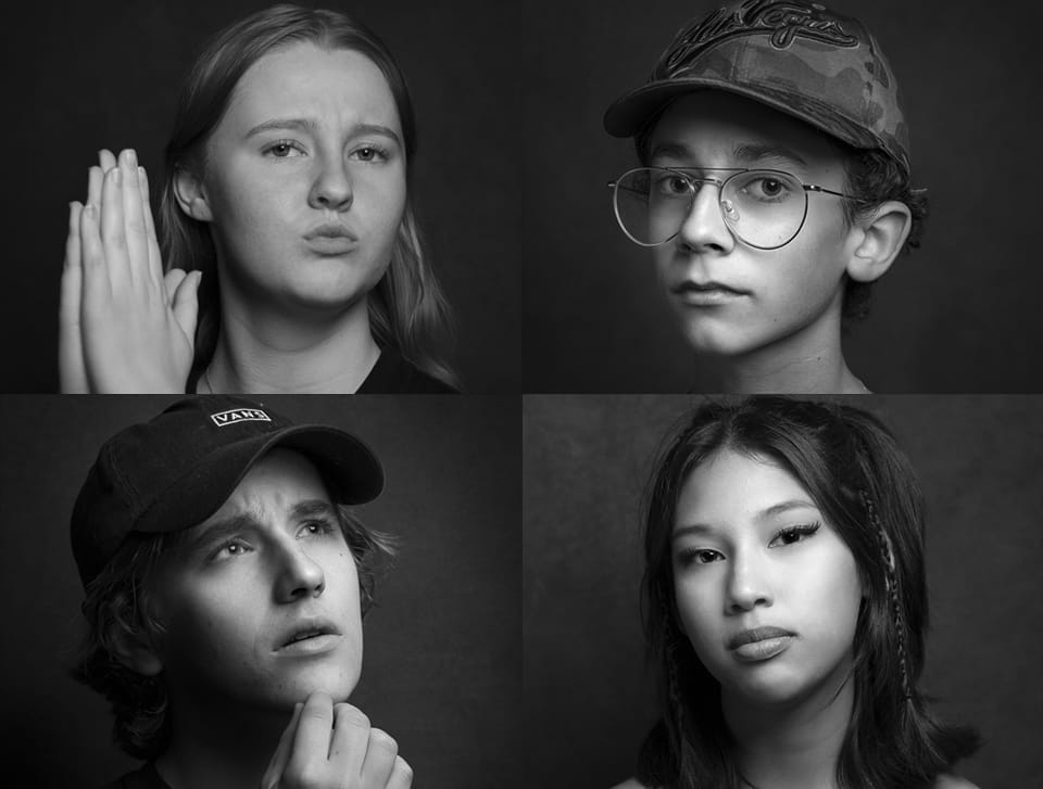 A black-and-white photo collage of four different people, each with a unique facial expression: a serious-looking woman, a boy in glasses and a cap, a thinking boy, and a young woman with a neutral expression.