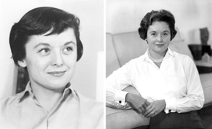 Two black and white photos of a woman in a white shirt.