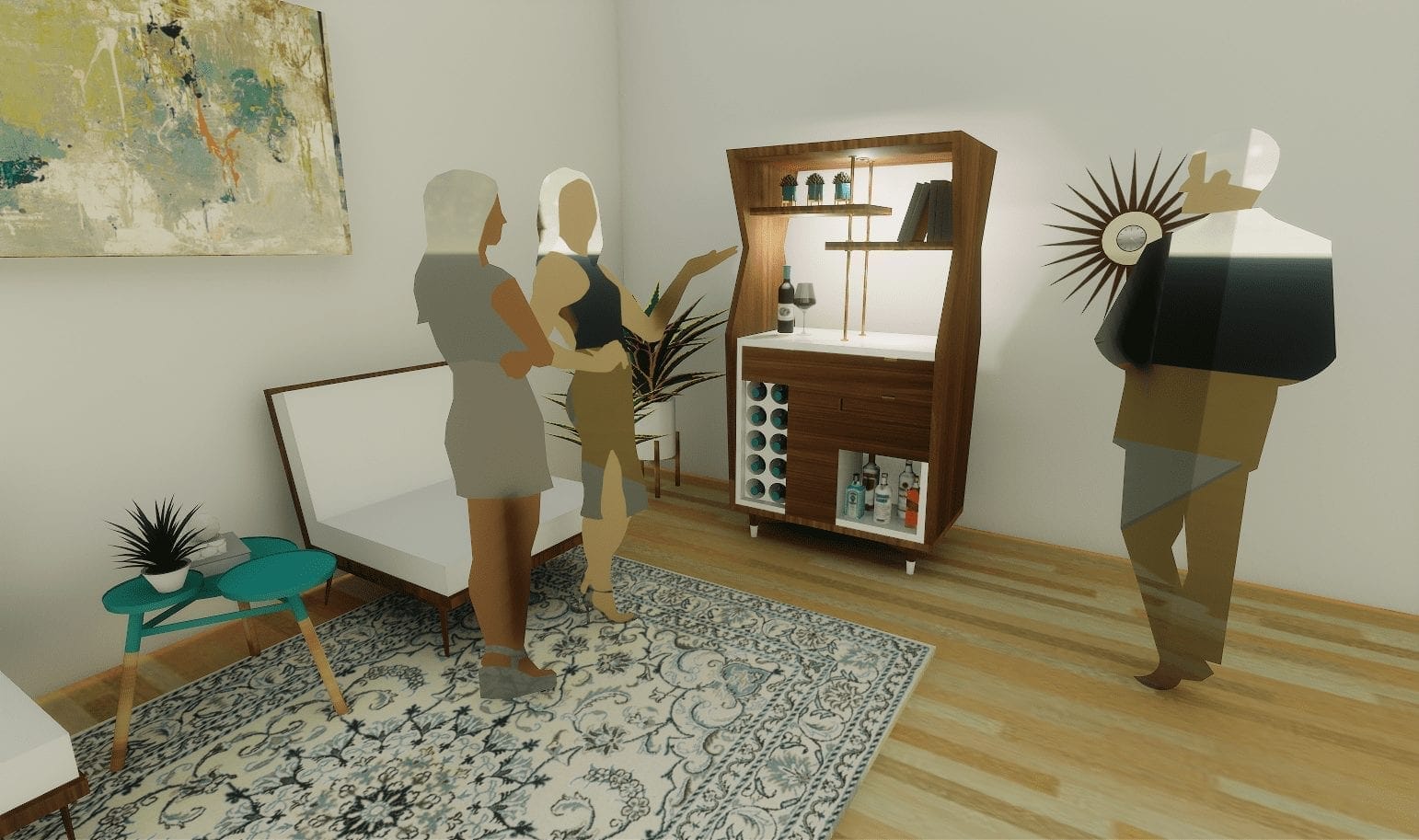 A 3d rendering of a living room with two people in it.