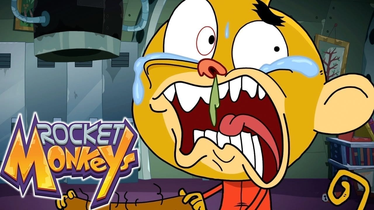 A cartoon character with the words rocket monkey on his face.