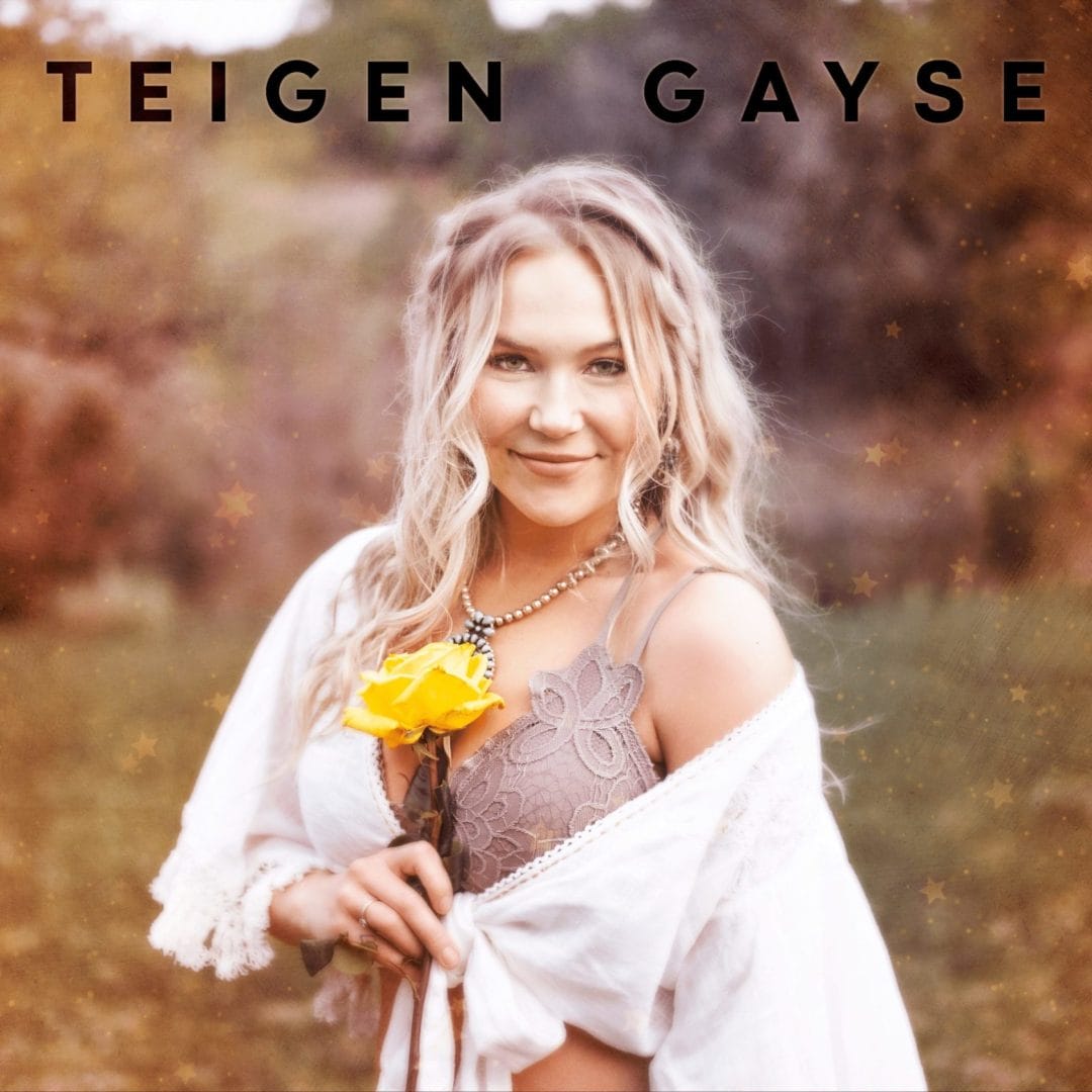 A woman holding a yellow flower with the words tegen gaye.